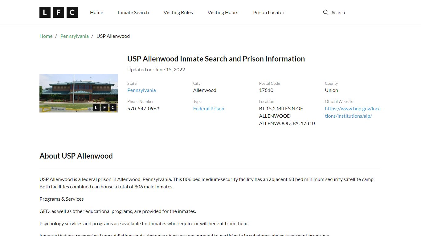 USP Allenwood Inmate Search, Visitation, Phone no ...